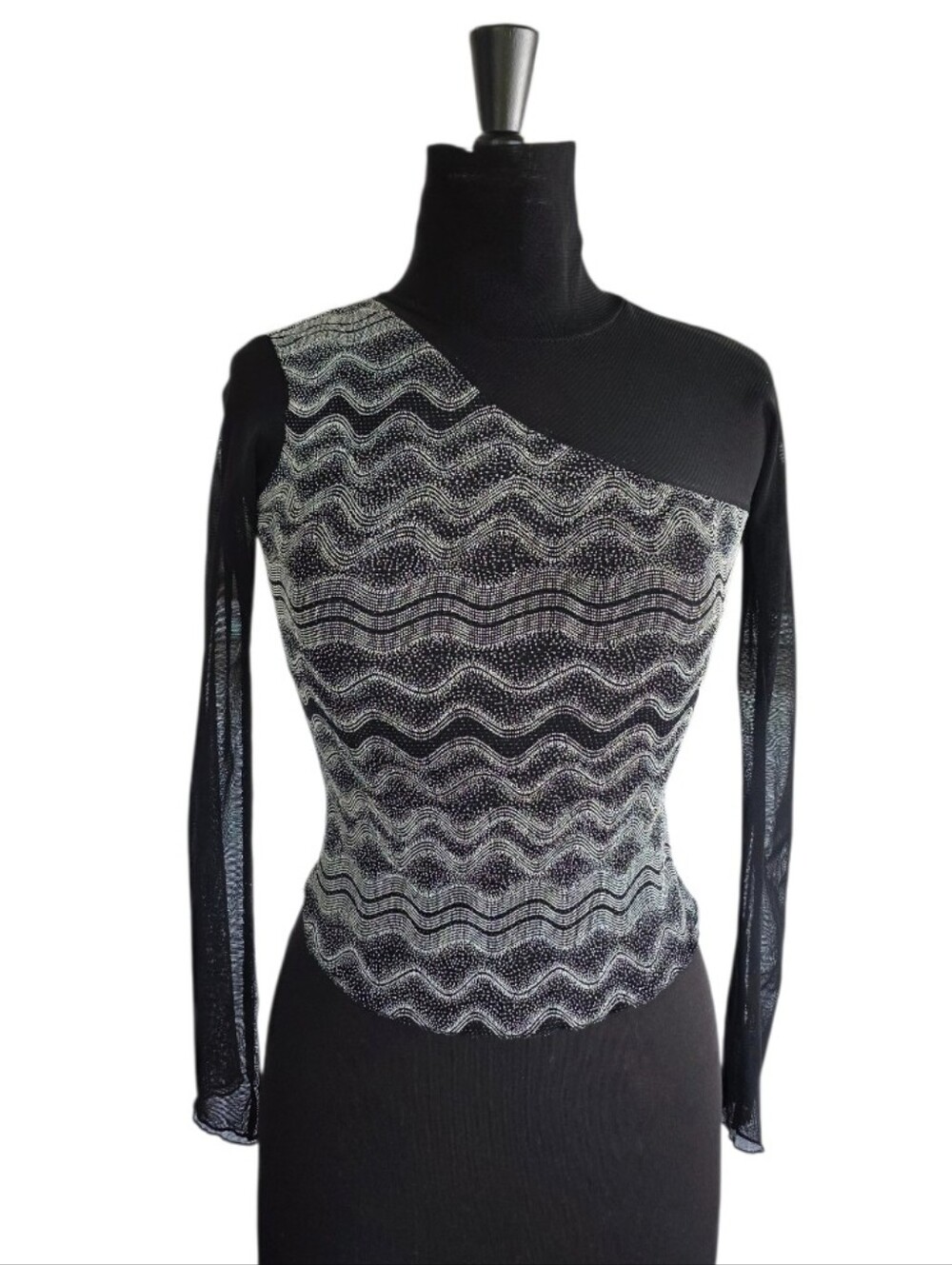 Nexx Sheer Mesh Long Sleeve Black Top with Silver Wave Pattern XS